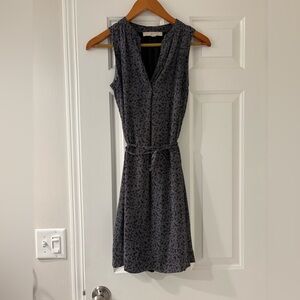 LOFT Black and Gray Patterned Tie-Waste Dress